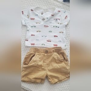 White Graphic Tee and Tan Shorts Set